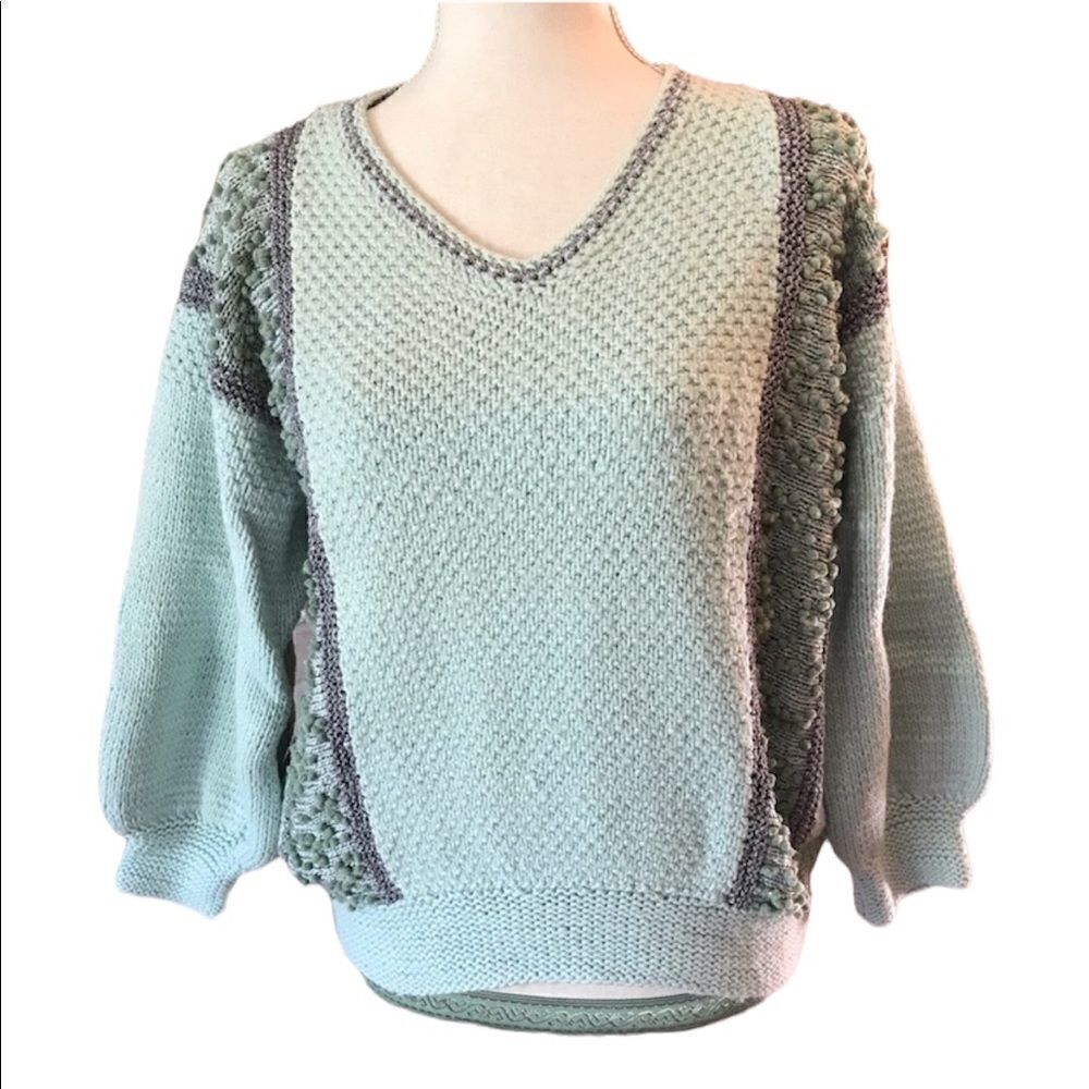 Vintage HAND knit sweater vintage 80s sea foam green with silver accent - Picture 1 of 9